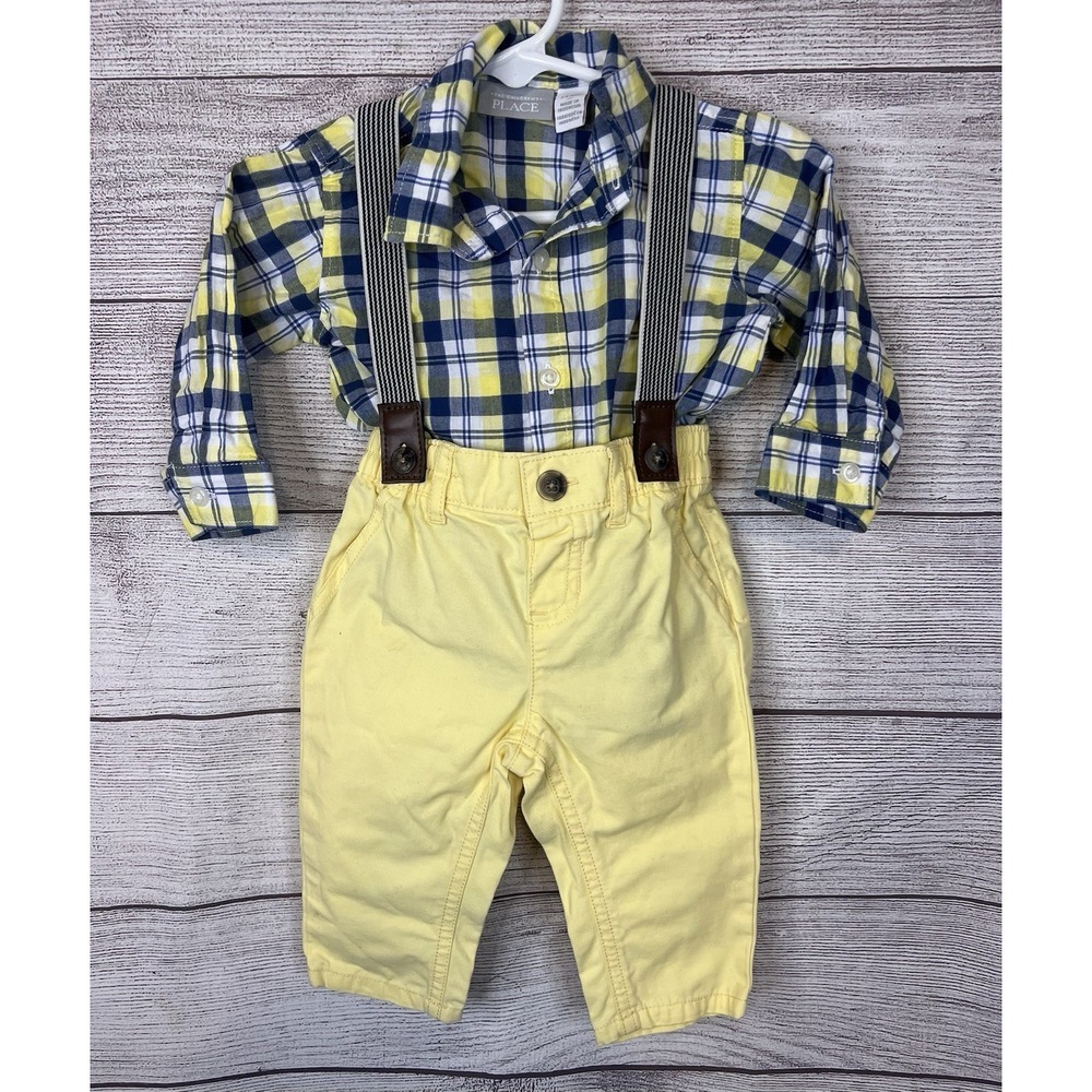 Children's Place  Boys Trousers W/Suspenders & Long Sleeve Shirt Size 3/6 Months